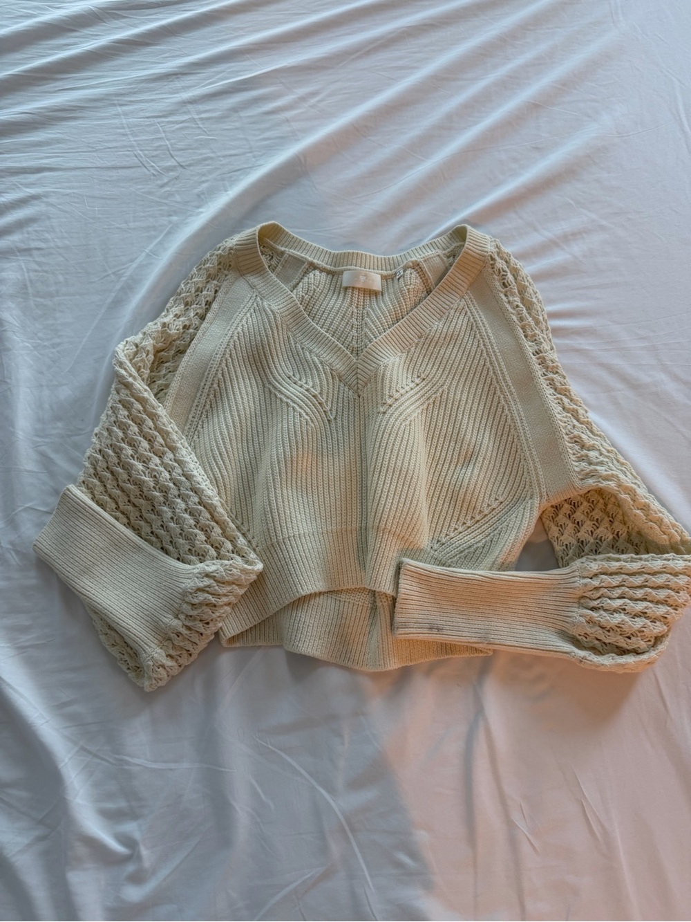 7 For All Mankind Cream V-Neck Cable Knit Sweater